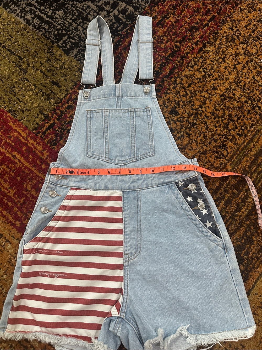 Pink Lily Light Blue Denim American Flag Patch Short Overalls